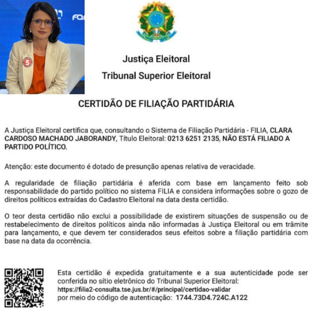 Com certidão do TSE, Clara Machado nega filiação partidária; Rede Sustentabilidade confirma pedido de desfiliação