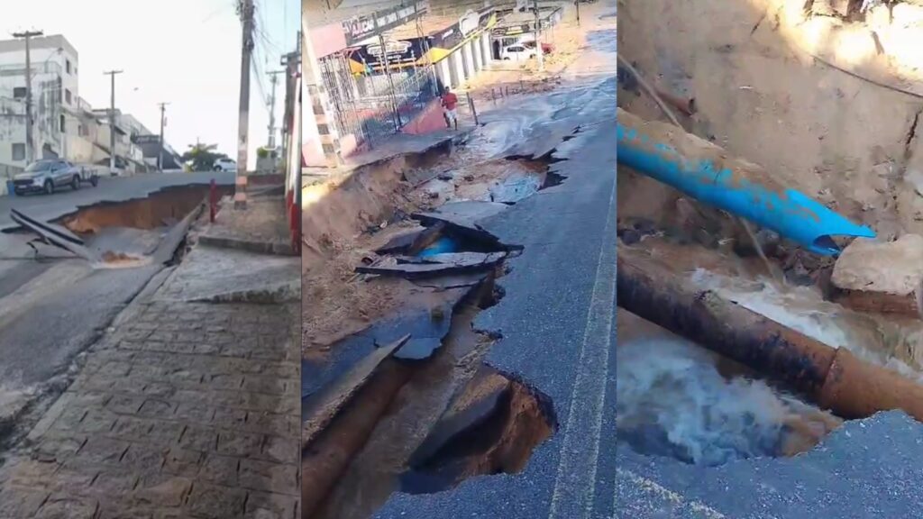 Tubulação rompe, abre cratera e interrompe trânsito na avenida Pedro Calazans